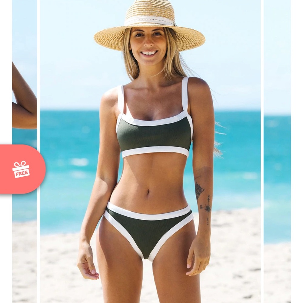 SHEIN RIBBED HUNTER GREEN BIKINI WITH WHITE TRIM.